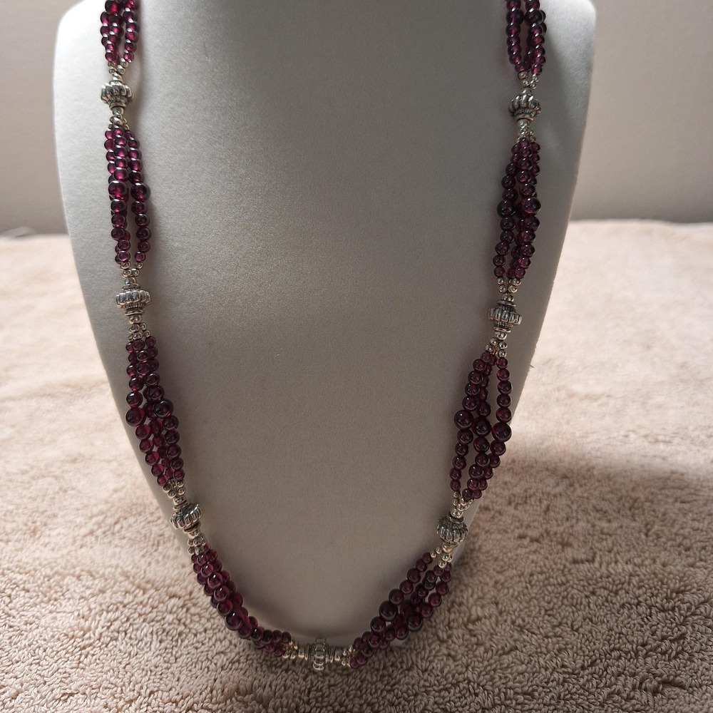 Garnet beaded necklace multi strand station rondelle sterling silver